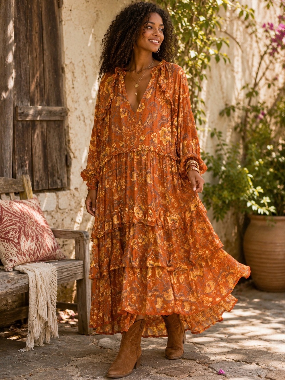 Spell & The Gypsy Collective Rust Orange Floral Paisley Tiered Boho Maxi